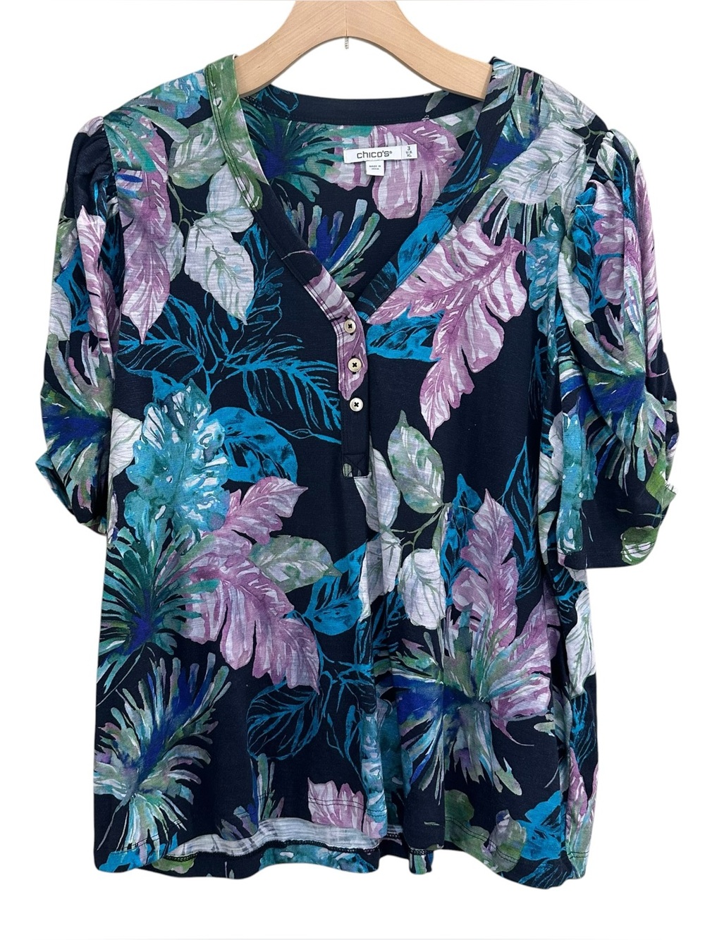 Chico's Tropical Slub Shirred-Sleeve Henley Navy Tee Shirt Size 3 XLarge 16-18